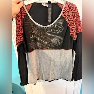 Harley-Davidson Women's Black, Gray, and Red Lace Long Sleeve Top